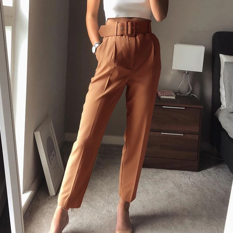 Ardm Traf  Woman 2021 White Career Pant Office Lady Straight Pants Belt Casual Ankle Length Women Trousers Oem Female Suit Set bright purple jeans women 2021 new spring autumn ankle length denim trousers stretch high waist letter embroidery harem pants