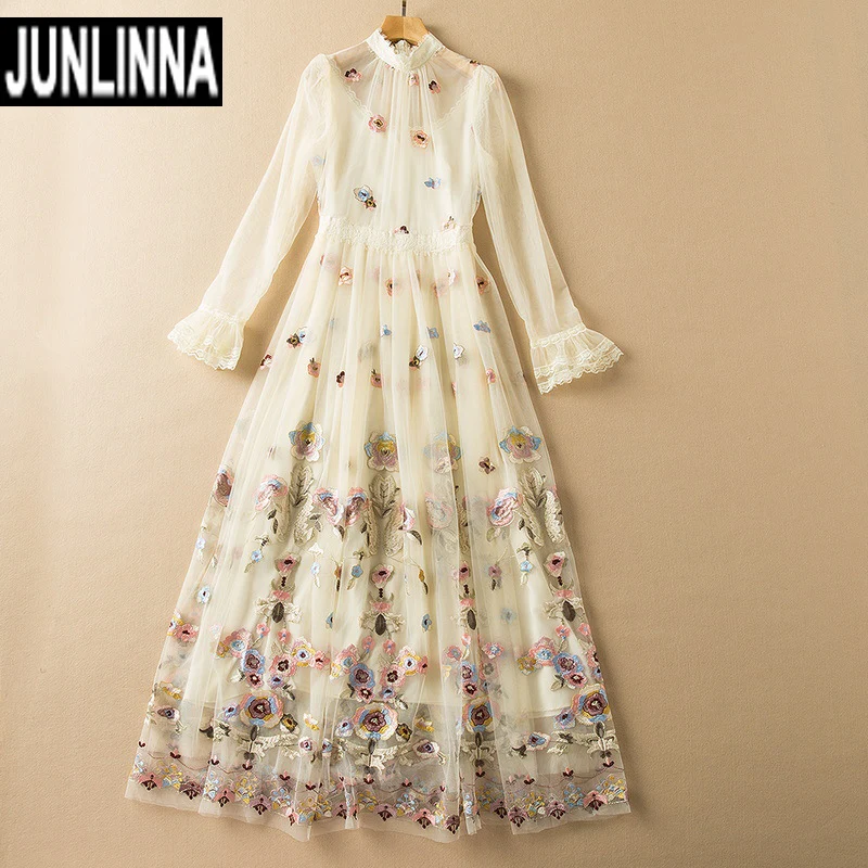 

Fashion Evening Party Dress Spring Women Stanc Collar Long Flare Sleeve Mesh Vestidos Runway Embroidery Expansion