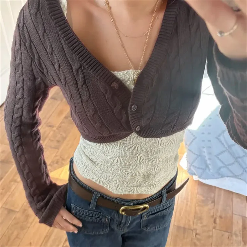 Women Retro Cable Knit Cropped Cardigan V Neck Button Long Sleeve Super Short Bolero Shrug Y2K Knit Sweater Streetwear Outerwear