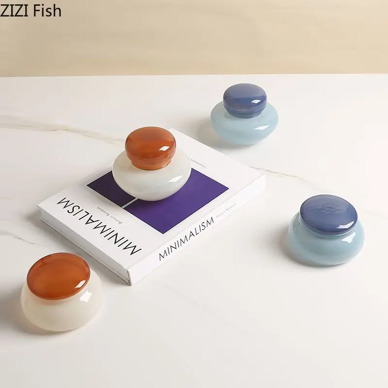 Colored Glass Storage Jar with Lid Dressing Table Desktop Storage Jars Ring Jewelry Box Round Cosmetic Jar Candy Pots Aroma Can 2
