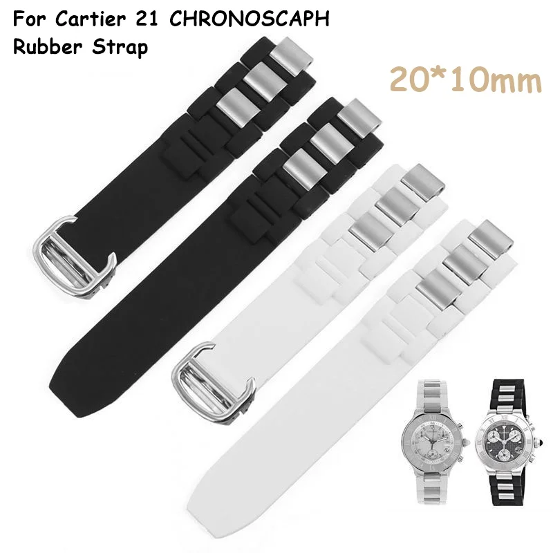 

Rubber Strap for Cartier 21 CHRONOSCAPH Series 20*10mm Convex Mouth Folding Clasp Black White Watch Band Replacement Bracelet