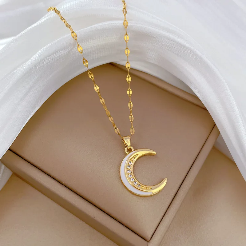 Women's Golden Moon Crescent Enamel Pendant Choker Necklaces for Women Bride Luxurious Charming Stainless Steel Jewelry Gifts 4