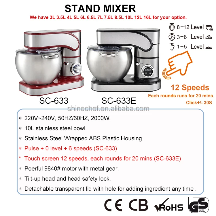 Shinechef 6.5L 8.5L 10L 12L Food Processor 12 Speeds Digital Dough Food Mixer Automatic Baking Stand Mixer With LED Display