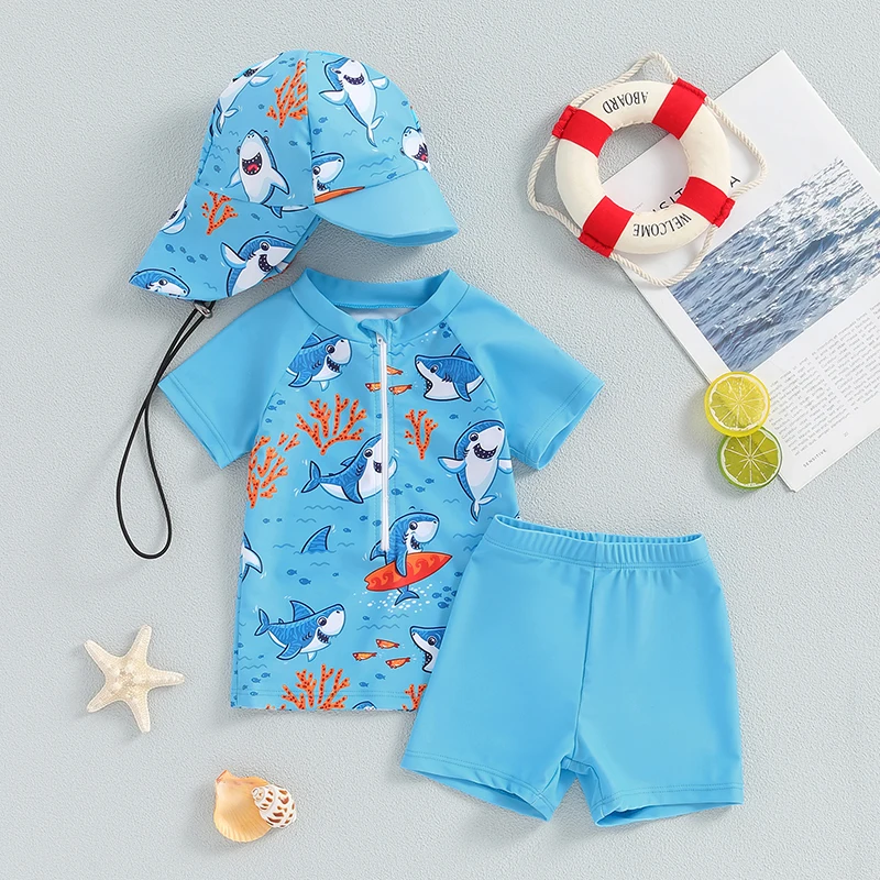 Fashion New Baby Boys Swimsuit 3CS Summer Rash Guard Beachwear Set Short Sleeve Shark Tree Print Top Shorts Hat Toddler Swimwear 1