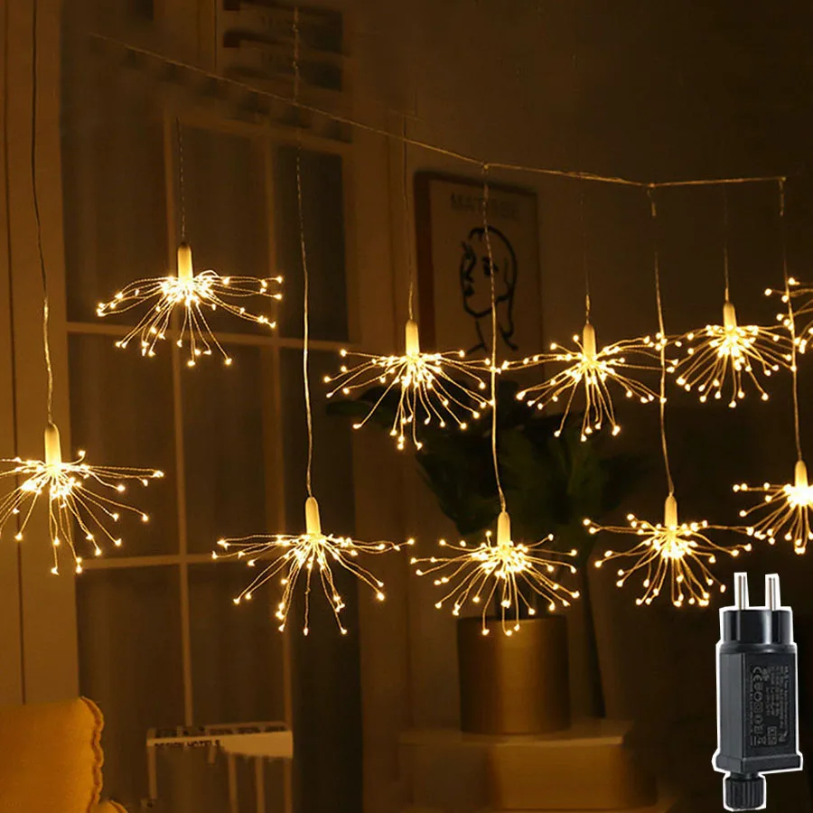 

EU Plug 10PCS Hanging Christmas Starburst String Lights 8 Modes Firework Fairy Garland Light for Garden Party Wedding Decoration