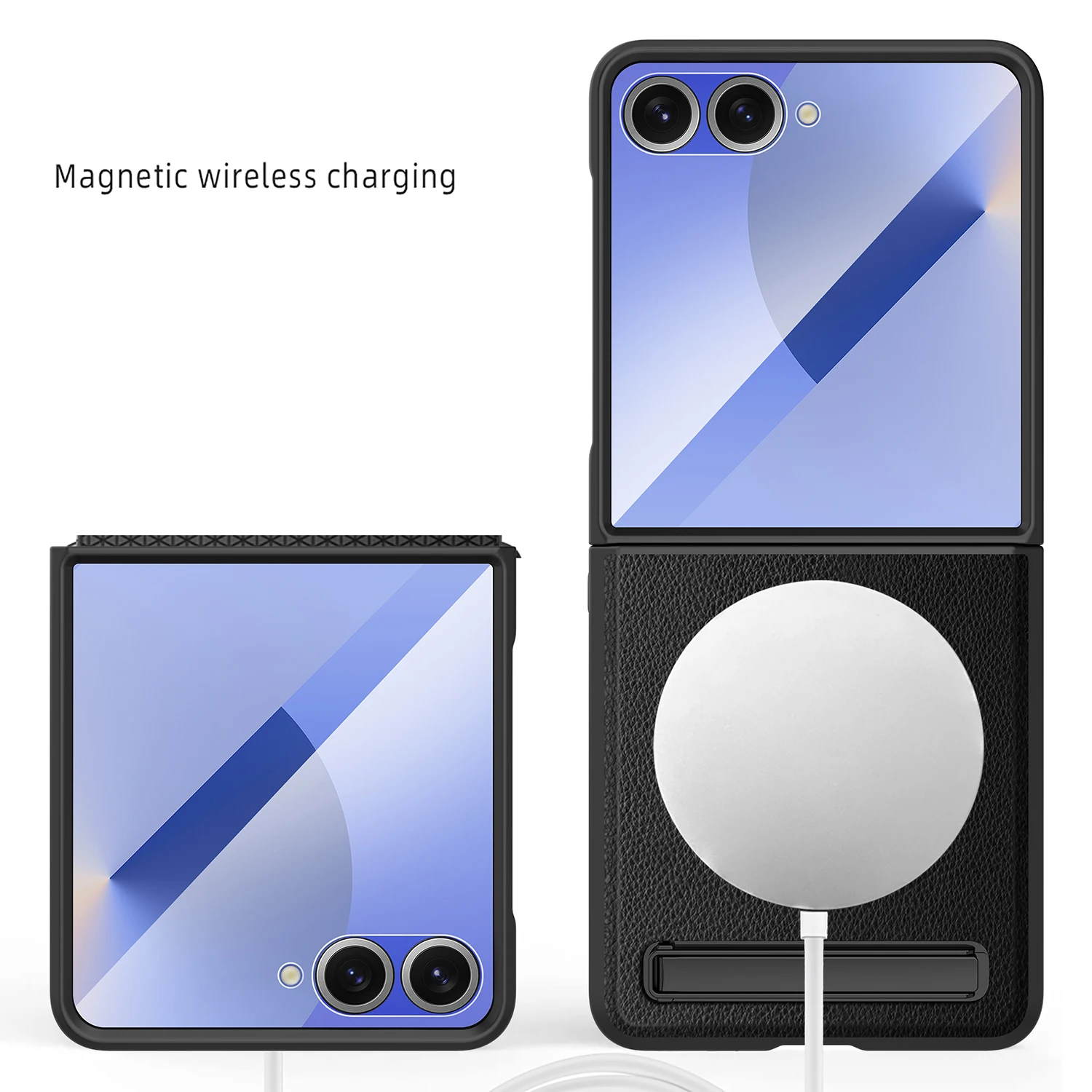 Magnetic Wireless Charging Kickstand Phone Case with Hinge Protection and Leather Cover