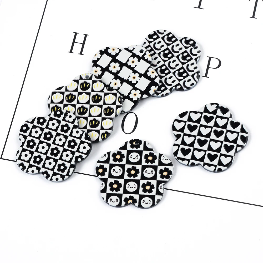 

6pc Black-White Painting Acrylic Plate Plum Bossom Pendants Jewelry Accessory Handmade Connector DIY Earring Component for Girl