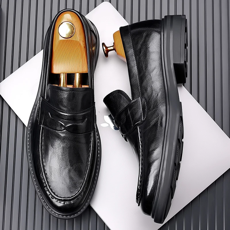 British Style Classic Loafers Men's Thick Soled Genuine Leather Business Formal Adult Leather Shoes Brand Low Heel Casual Shoes 5