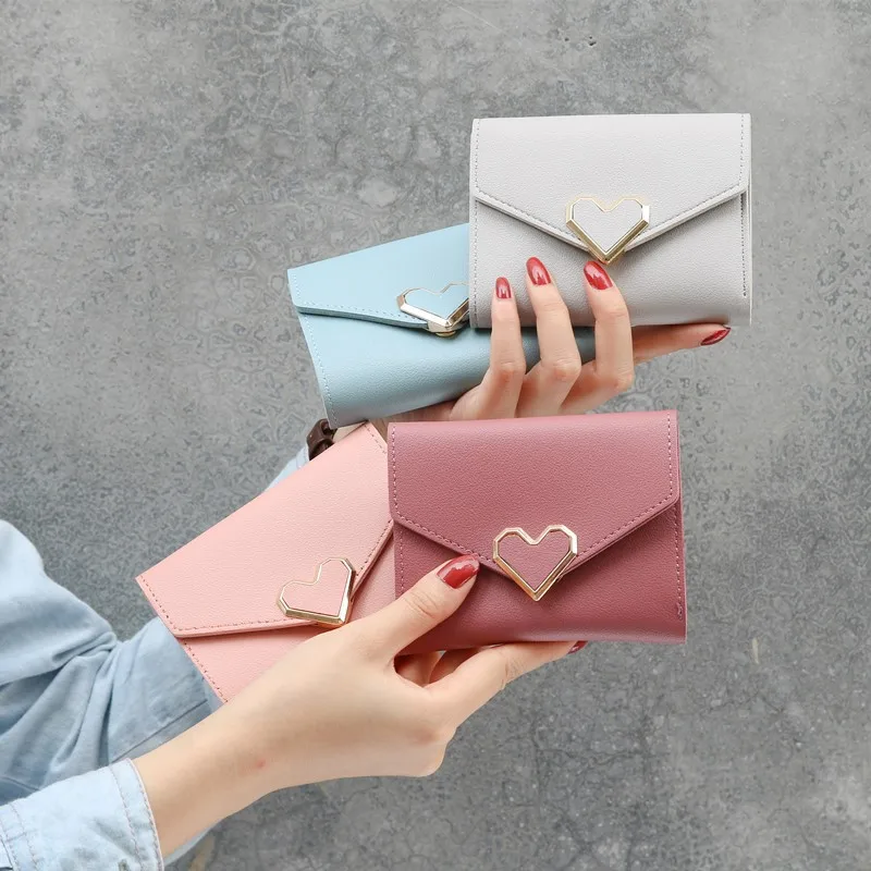Short Women Wallets Kpop Heart-Shaped Cute Small Women's Wallet PU Leather Slim Simple Female Purse women wallet women purse slim wallet