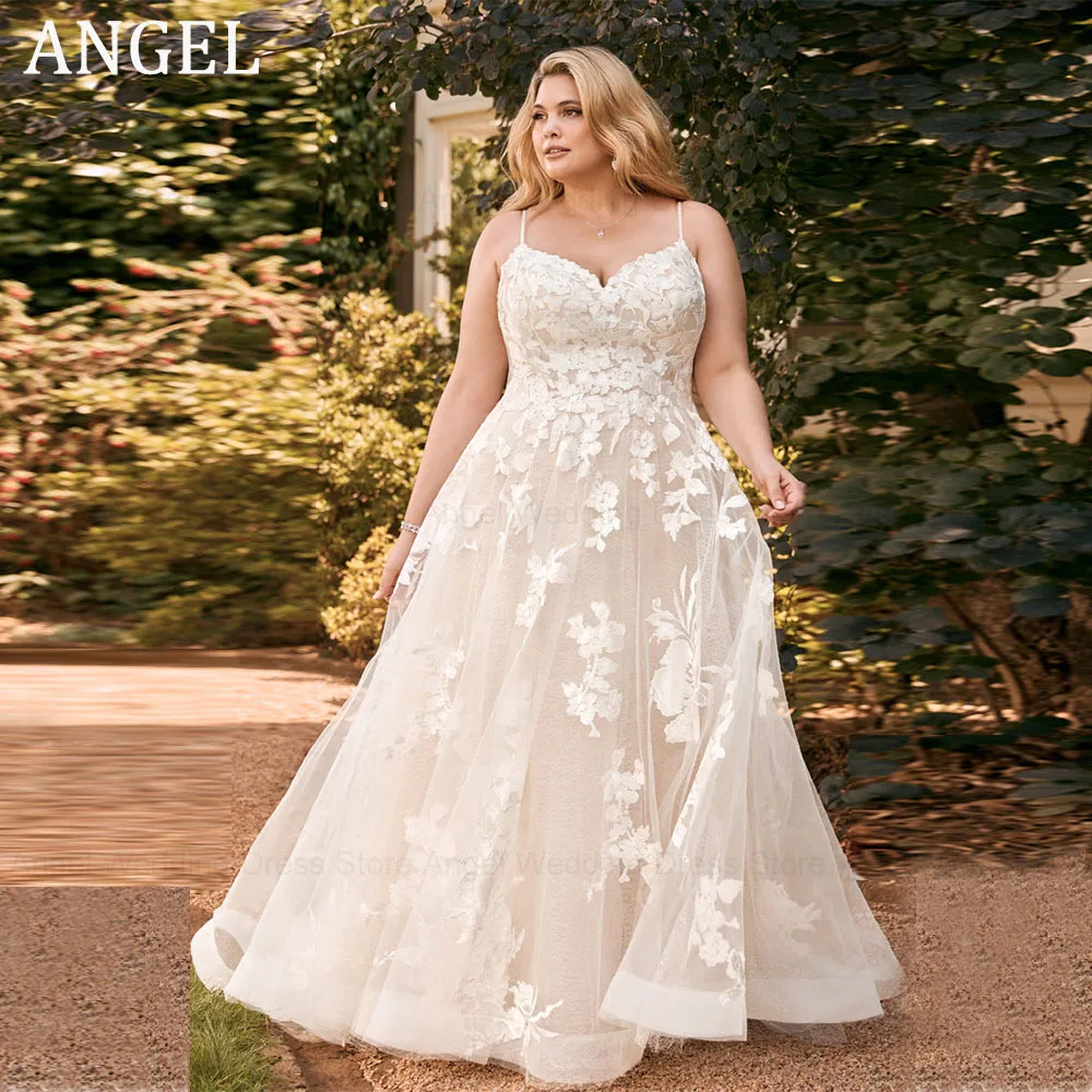 

ANGEL A-line Plus Size Wedding Dresses for Women Sexy V-Neck Spaghetti Strap Robe De Soirée Gorgeous Lace Sleeveless Custom Made