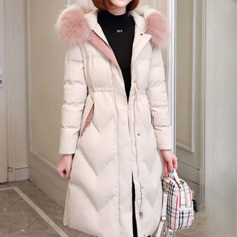 2023New Women Cotton Coat Winter Jacket Female Artificial Fur Collar Parkas Mid Length Version Outwear Slim Hooded Long Overcoat