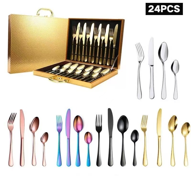 Mikasa,Satin Court Knives 6 Servings,24 Piece Set, Stainless Steel Western Cutlery,Gift Box Set & Cutlery solid color gold black