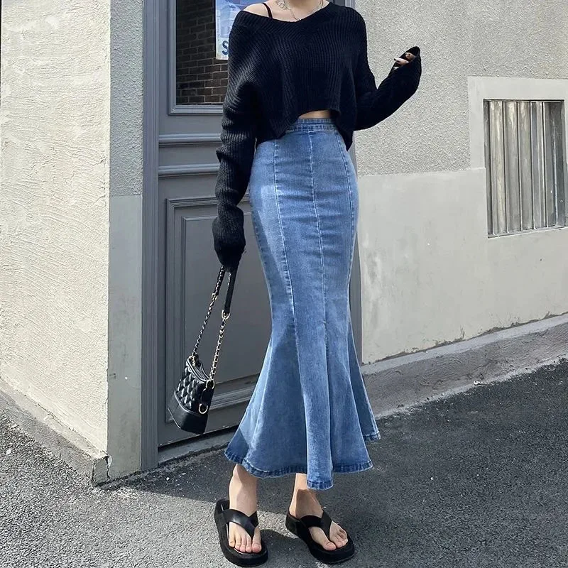 

Denim Jeans Skirt New Mermaid For Women Fashion Split Trumpet Ruffles Long Skirt Female Korean High Waist Bodycon Skirts Falda