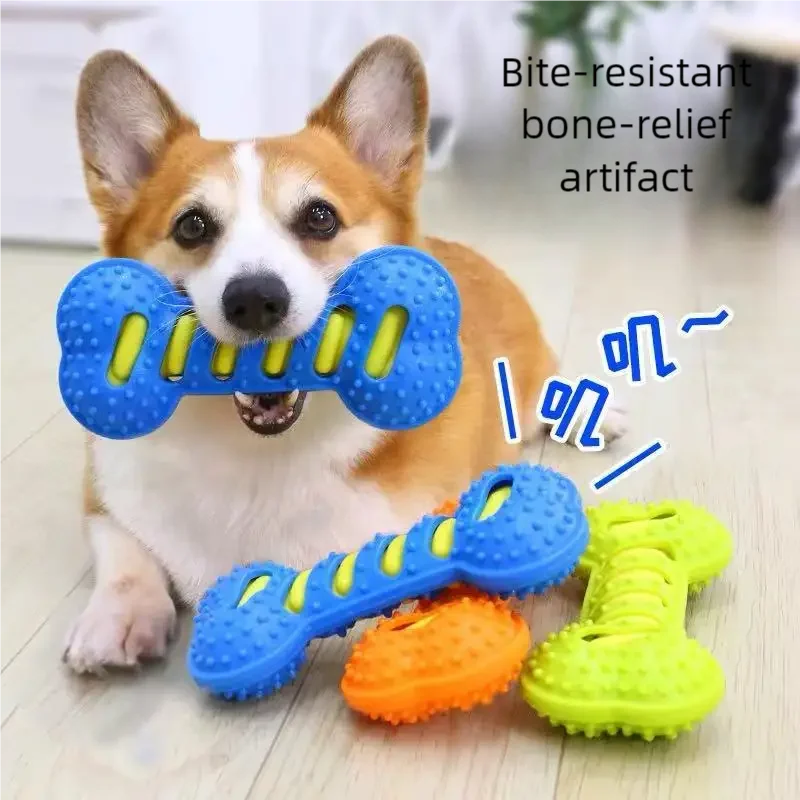Hondenspeelgoed met piepende botjes, bijtbestendig trainingsspeelgoed voor puppy's, interactieve tandenborstel voor het reinigen van de tanden._voghion.com