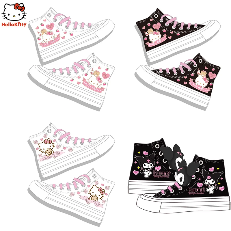 

Kawaii Sanrio Kuromi Hello Kitty Cute Sweet Wind High Top Canvas Shoes Plush Girls' Casual Versatile Board Shoes Holiday Gifts
