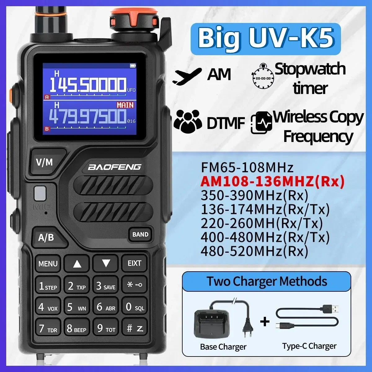 Baofeng Uv K5 Pro Walkie Talkie Air Full Band Frequenza Di Copia Wireless A Lungo Raggio Radio Bidirezionale Type-C Uv K5 Plus Ham Radio