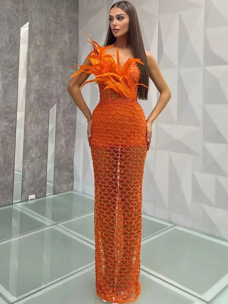 Abendkleid, Orange, mit Pailletten main image 1