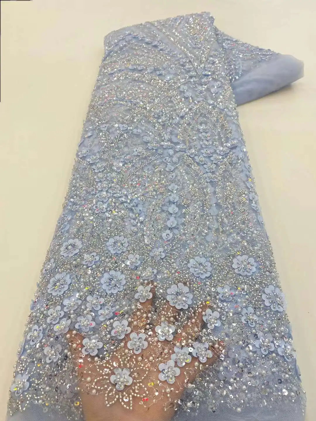 

High-end Heavy Beaded Lace Fabrics African Sequins Embroidery 2024 French Tulle Groom Lace Fabrics For Sewing Wedding Dresses
