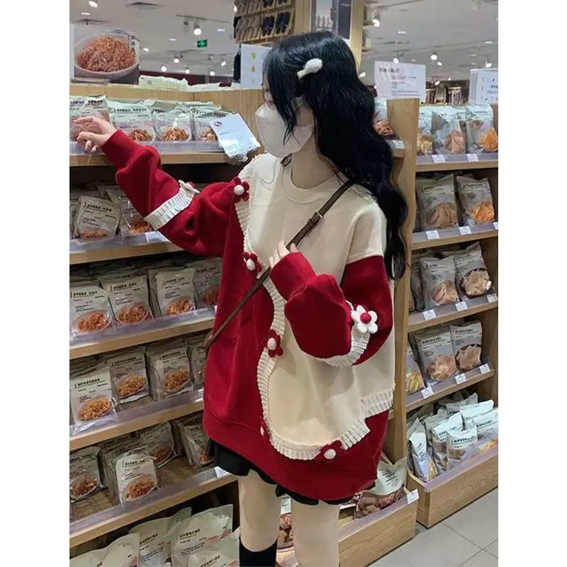 

Christmas red three-dimensional flower handmade sweater women autumn and winter loose o neck long sleeve plush students jacket