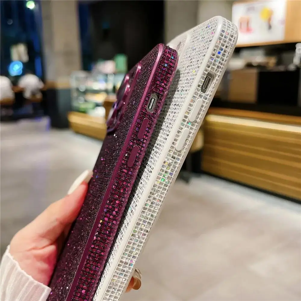Luxury Hight End Black Bling Glitter Noble Case For iPhone 15 14 13 12 Pro Max 11 Lens Film Protection Soft TPU Shockproof Cover