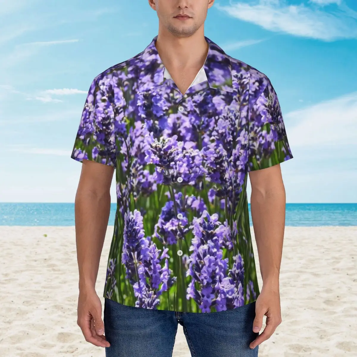 

Пляжная рубашка в стиле ретро для мужчин, красивая пляжная блузка лавандового цвета, в английском стиле, с натуральными фиолетовыми цветами, с коротким рукавом, в подарок, Y2K
