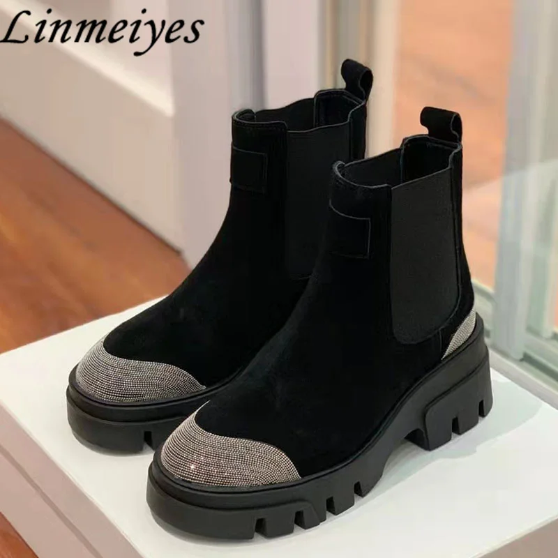 

New Thick Sole Chelsea Boots Women Cow Suede Round Toe Ankles Boots Female High Quality String Bead Platform Short Boots Women