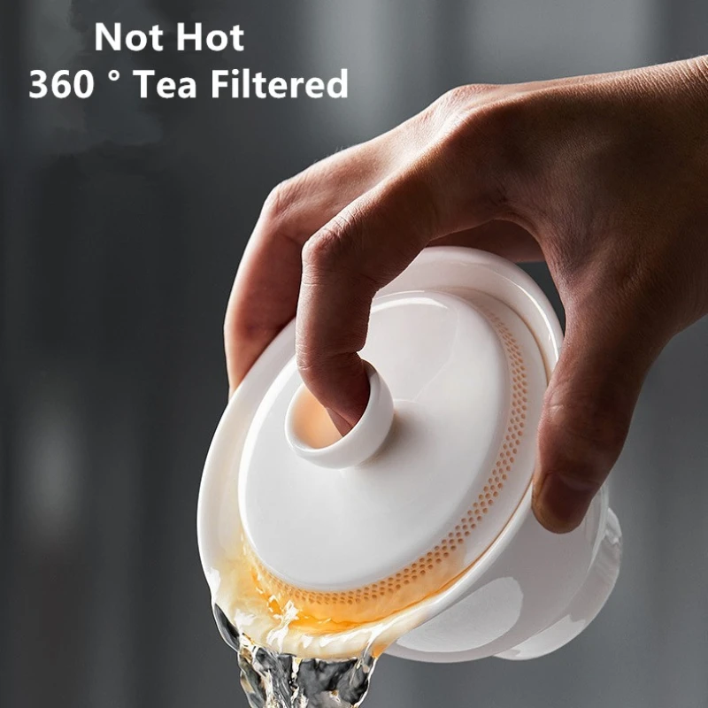 Chinese Kung Fu Teaware 360 &deg; Filtered Tea Bowl Sheep Fat Jade White Porcelain Gaiwan Anti Scalding Design Ceramic Tea Cup Set tea set