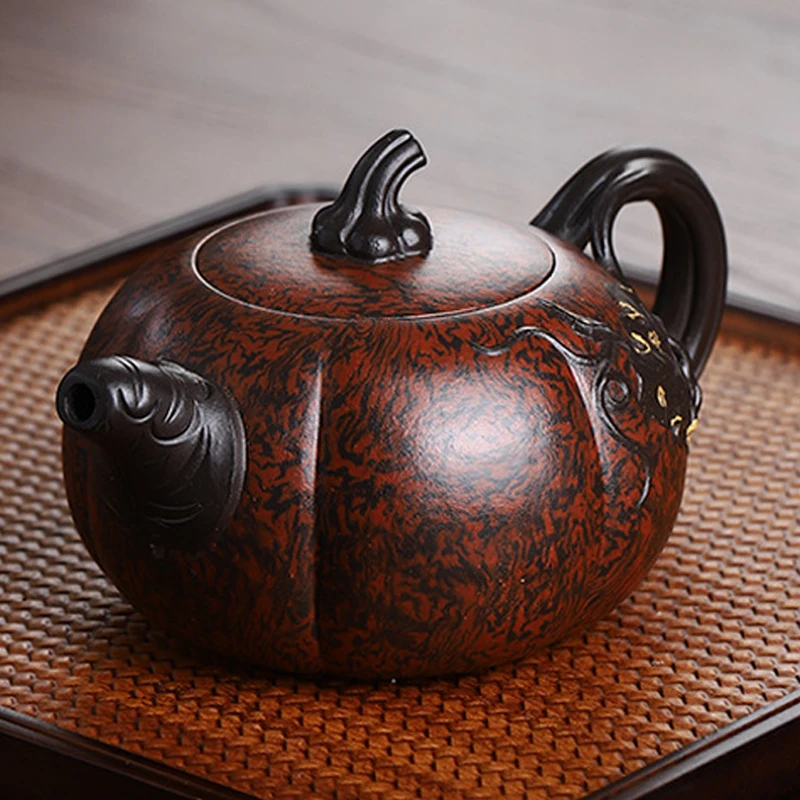 Chinese Style Pumpkin Shaped Teapot, Purple Clay Twisted Mud, Kung Fu Household Supplies, Pure Handmade, 370ML, Tea Pots, 1Pc