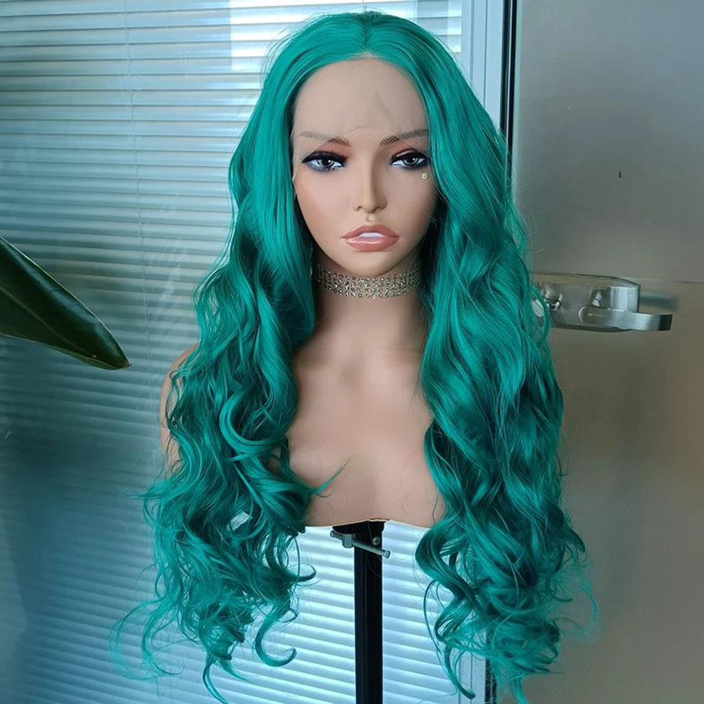 Emerald green long body wave wig front view