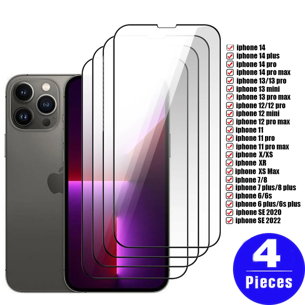 

4Pcs For iphone 14 13 pro SE 3 Tempered glass screen protector For iphone 11 12 mini X XS max XR 8 7 plus 6 6s protective film