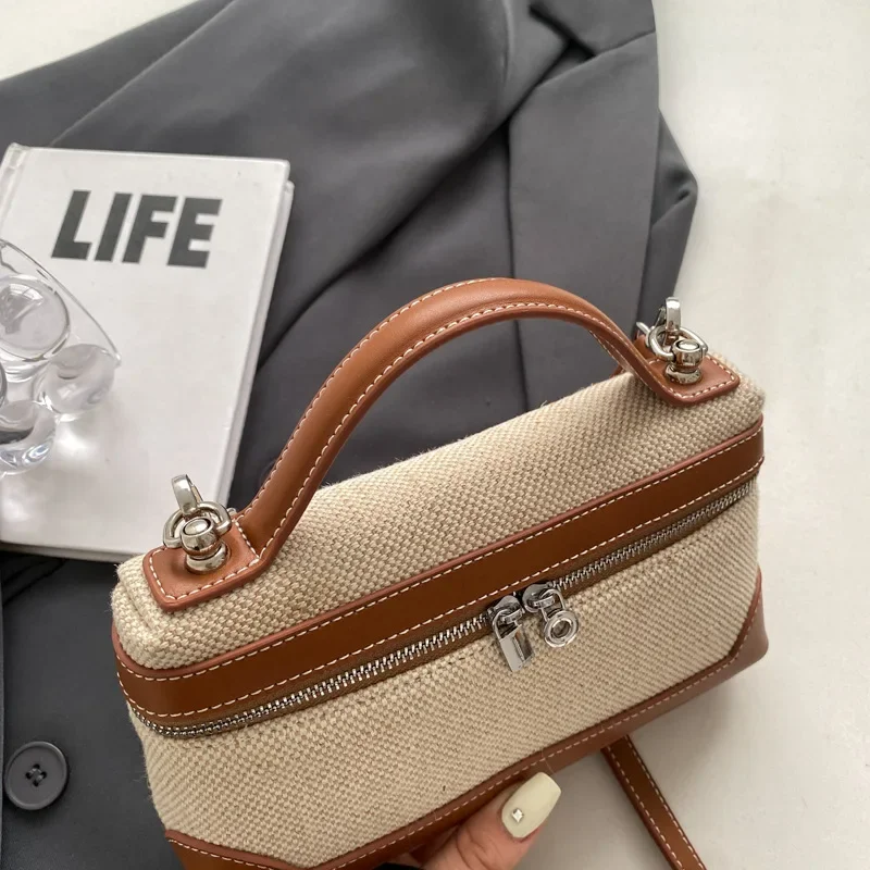 retro canvas handbag for women,women’s summer crossbody bag,contrast color casual handbag,small square canvas shoulder bag,casual women’s sling bag,retro fashion canvas purse,lightweight canvas handbag