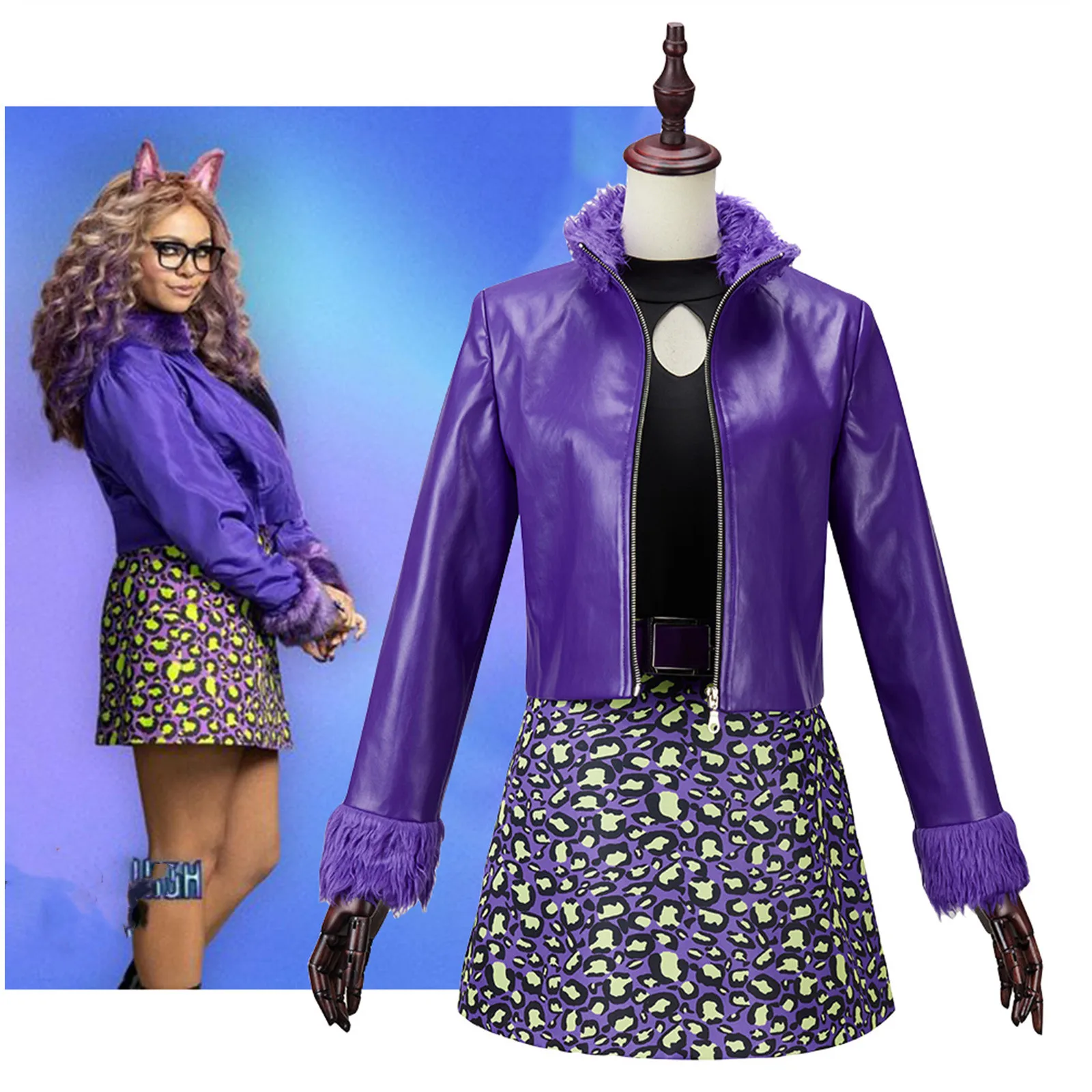 Фото Аниме Clawdeen Wolf Костюм для косплея фиолетового цвета флокулярное Пальто Пояс свитер юбка костюм для женщин девочки Хэллоуин Карнавал Outft №1