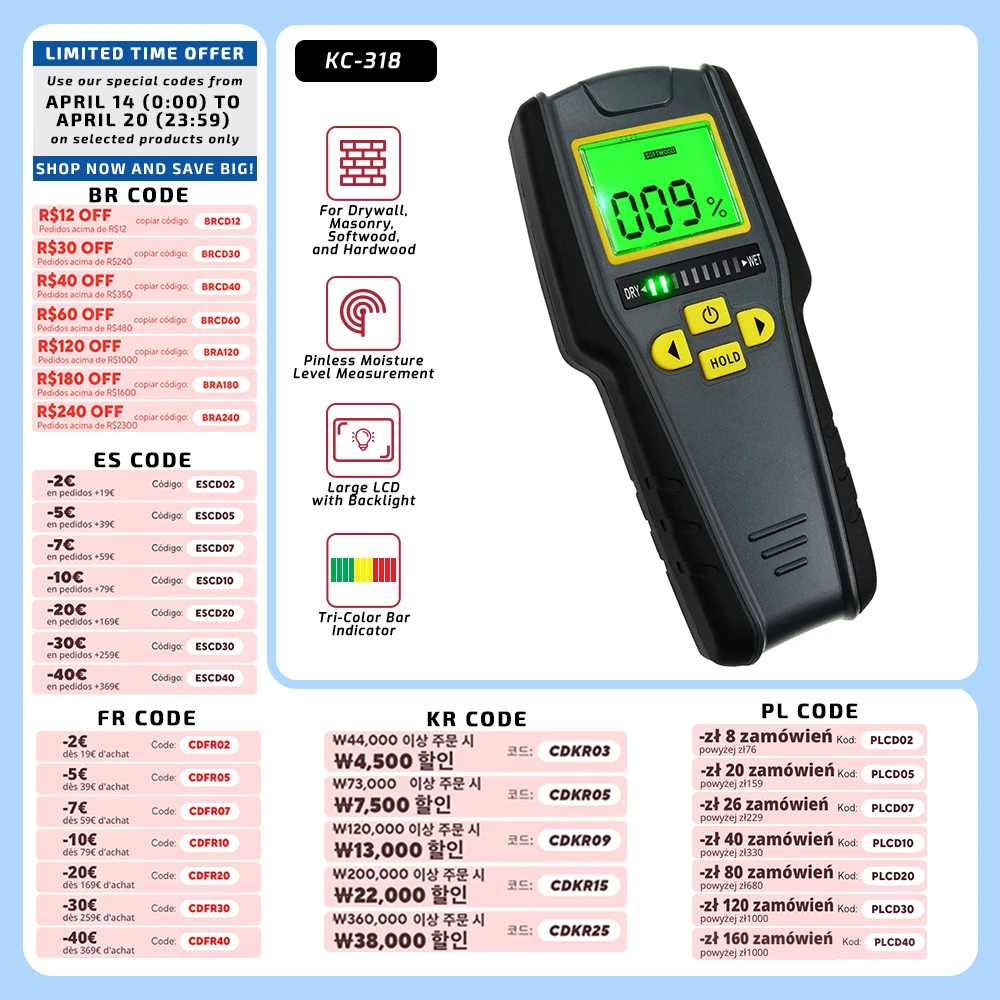 Humidity Detector Wood Moisture Tester Digital Wall Moisture Meter Wood Meter Non-invasive Large LCD Display