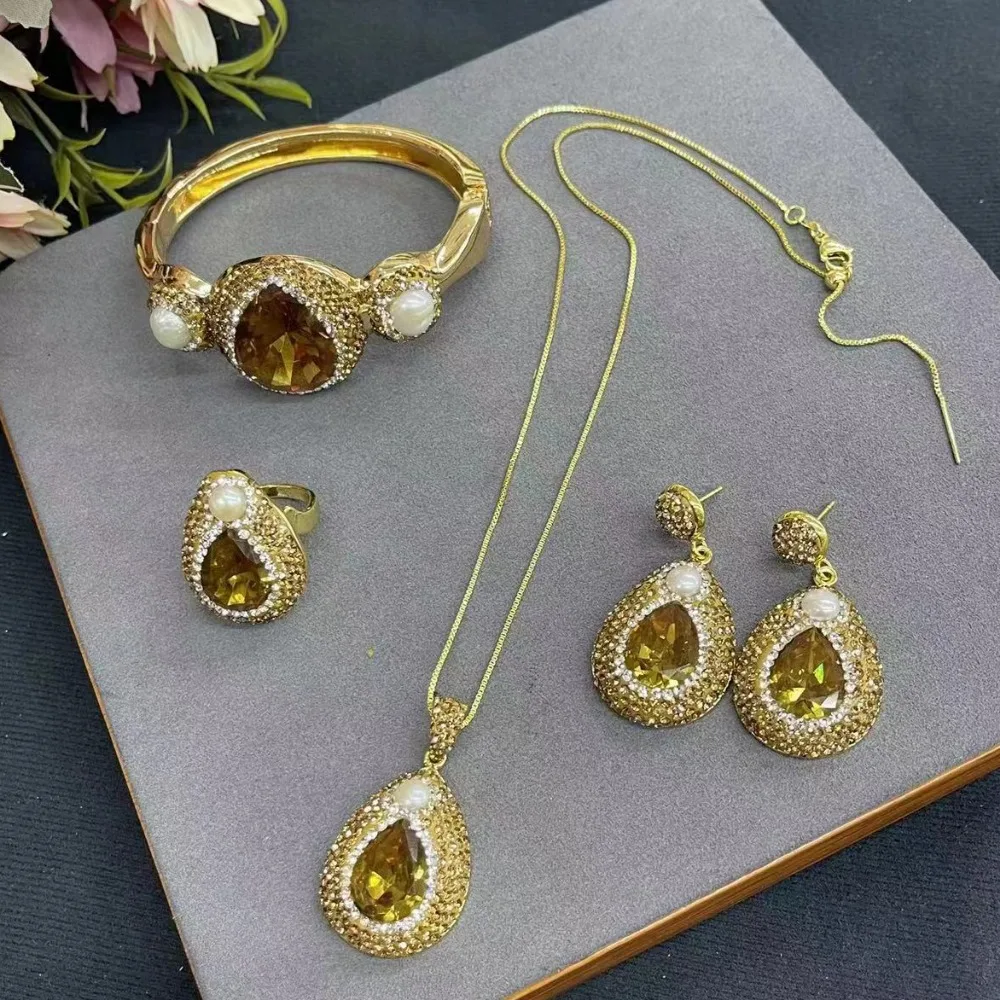 

Sudan Stone Necklace Earrings, Ring Bracelet Set for Women Luxury Personalized Fashion Ladies Banquet Party Exquisite Jewelry