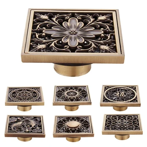 

Euro Style Antique Brass Flower Art Carved 10*10cm Euro Floor Drains Square Floor Drain Strainer Cover Grate Waste