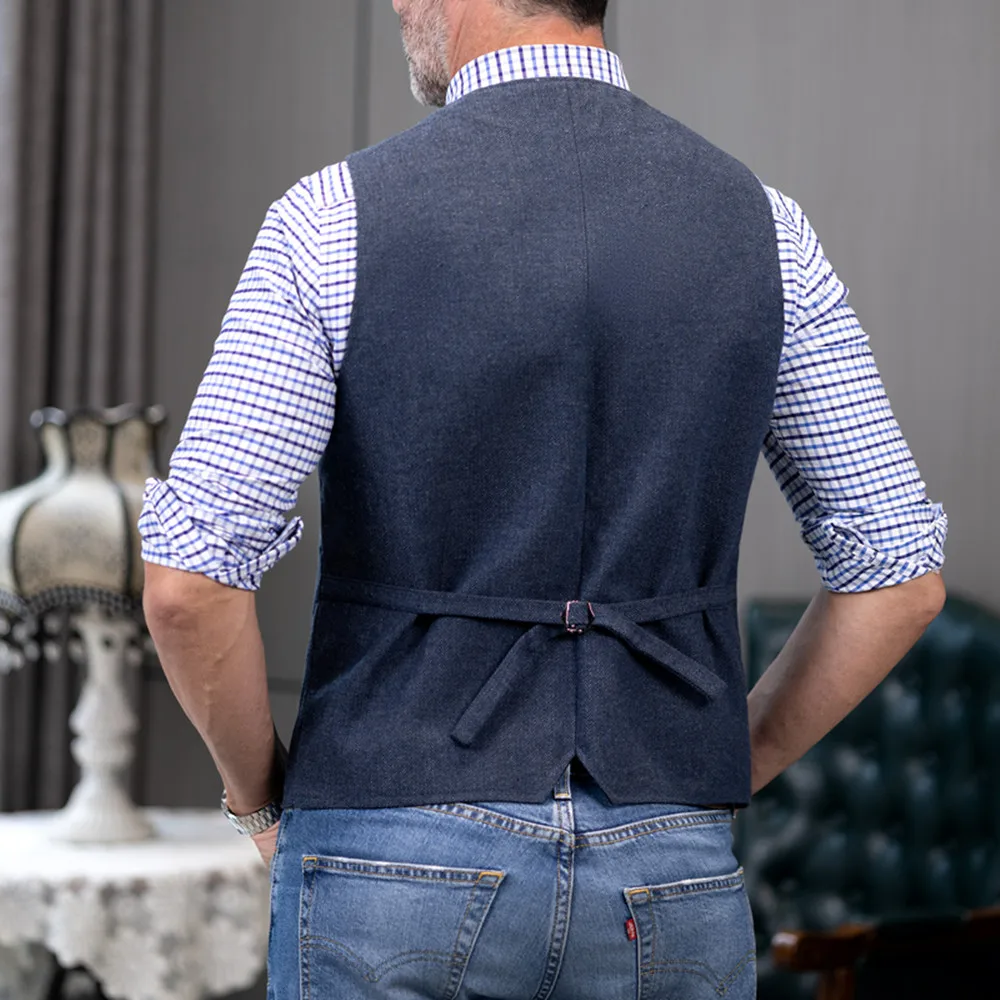 Men's Casual Classic Suit Vest V Neck Herringbone Tweed Slim Fit Business Waistcoat For Wedding 2