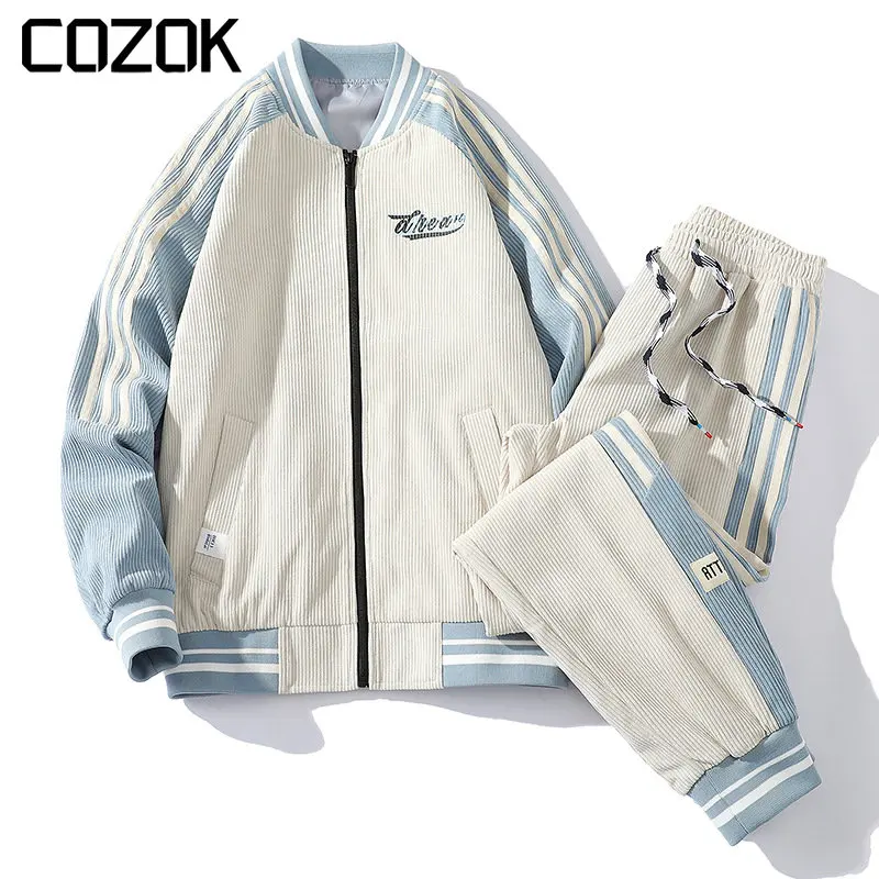 

Fashion Men's Sets Tracksuit Corduroy Jacket+Casual Pants Hip Hop Striped Patchwork Baseball Suit Unisex Spring Varsity Jacket