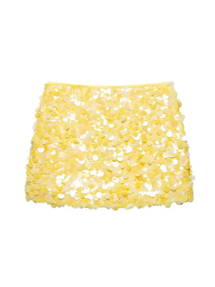 HH Women Fashion Yellow Sequin Mini Skirts Side Zipper High Waist A Line Skirt Summer Sexy Lady Elegant Club Party Skirts