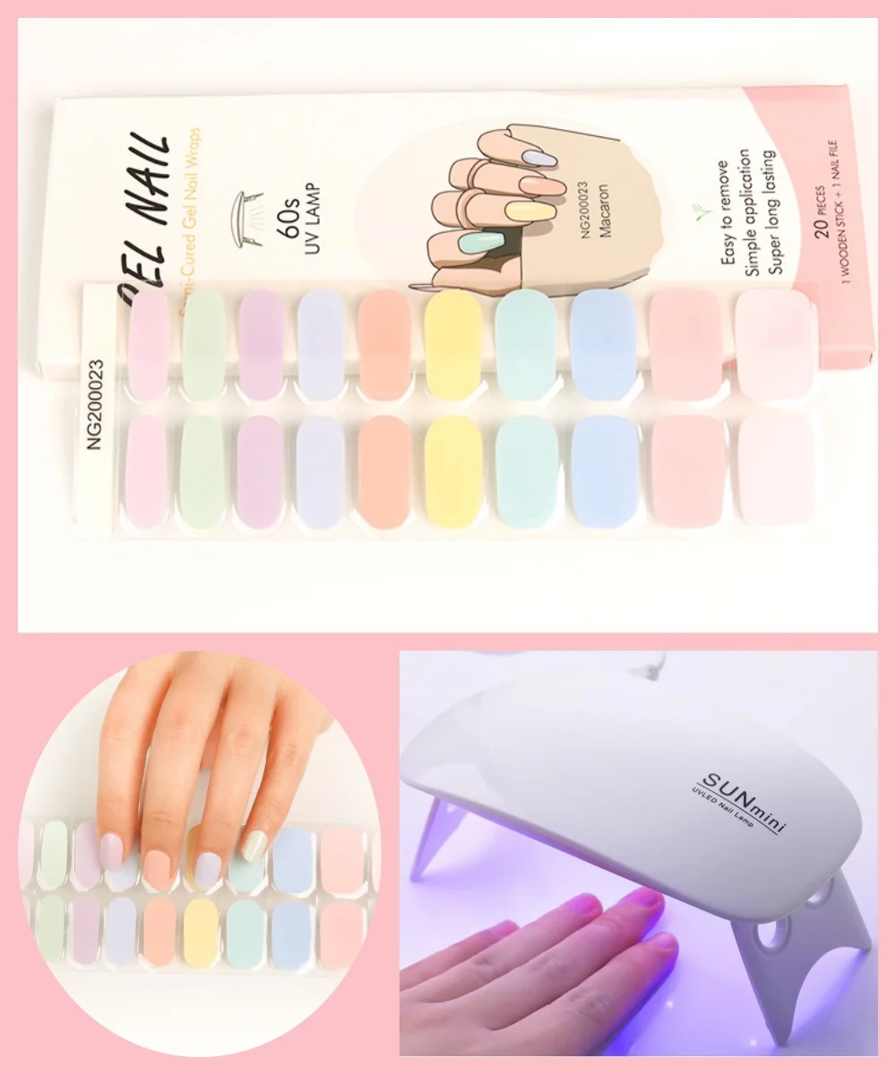 4Pcs/Set Semi Cured Gel Nail Stickers with 6W UV Lamp Baked Adhesive Long Lasting Nail Gel Wraps Pure Color Art Decoration