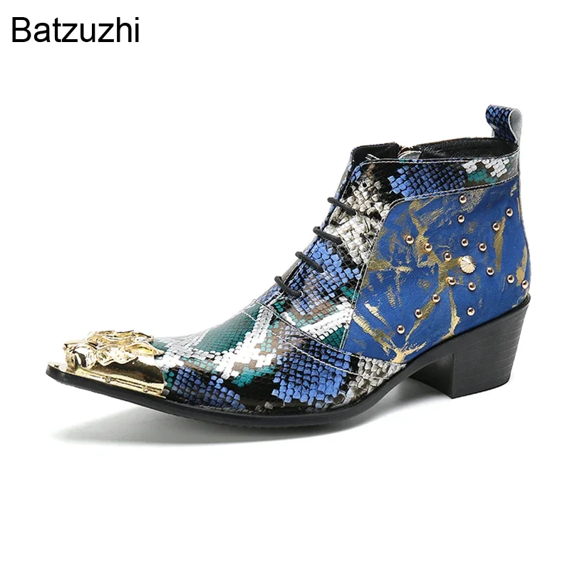 

Batzuzhi Gold Metal Toe Blue Leather Ankle Boots Men Luxury Handmade Men's Boots Shoes Lace-up Zip Rock Party Botas Men, EU38-46