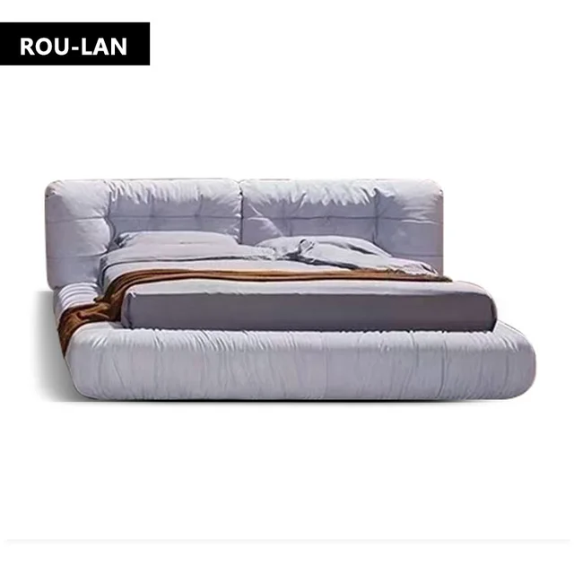 Lit en tissu nuage minimaliste moderne, chambre principale, lit double, villa, grand sol plat, lit king en velours mat 1