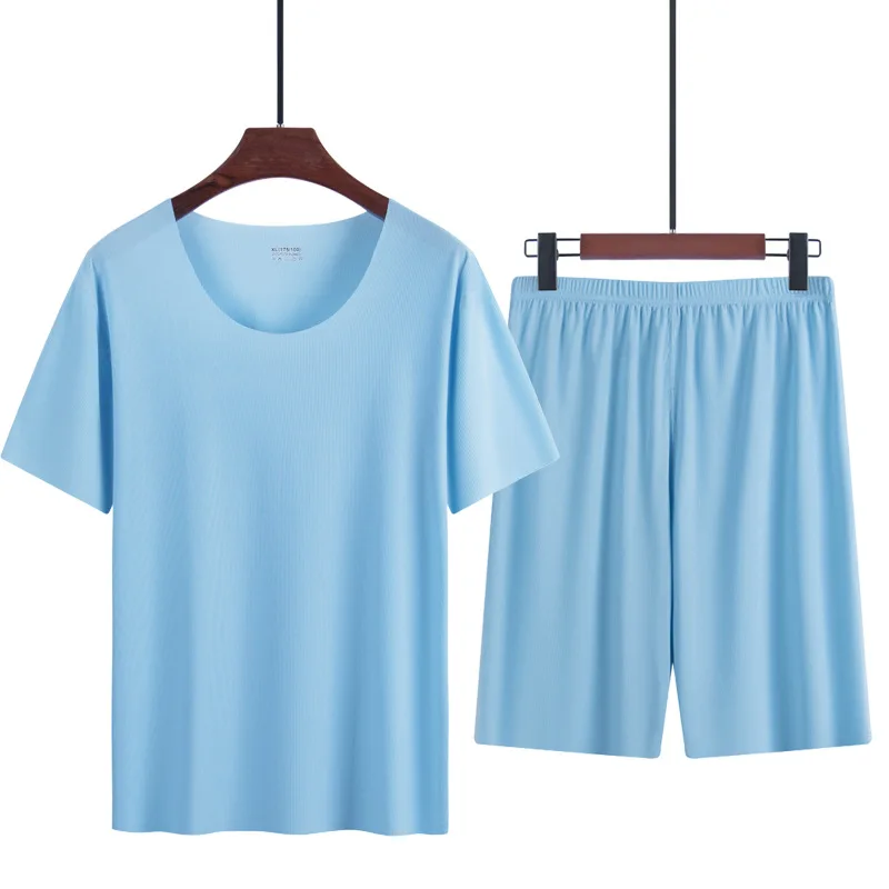 

Summer Thin Men's Pajamas Suit Home Wear Seamless Short Sleeve Shorts Sleepwear Sets for Men Crew Neck Casual Summer Clothing