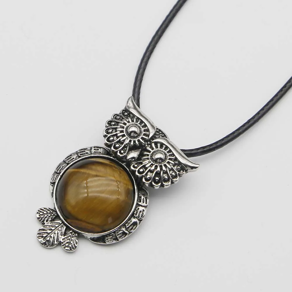 Natural Semi Precious Stone Vintage Copper Plated Owl Cute Pendant Leather Rope Necklace Charm DIY Jewelry Making Wholesale 8Pcs