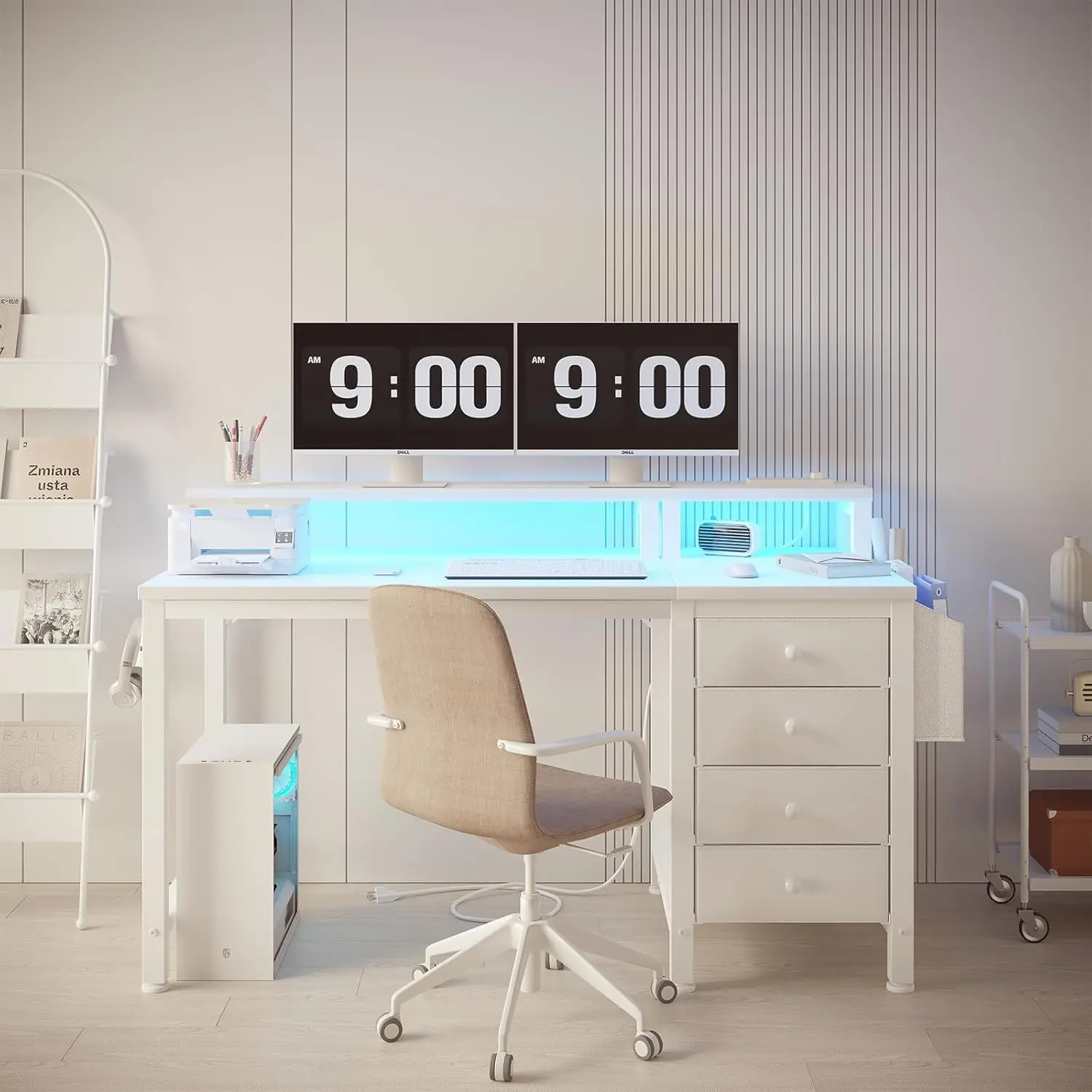 White Desk with 4 Drawers - 47 inch Gaming Desk with Monitor Stand, Computer Gaming Desk with LED Lights Power Outlets 4