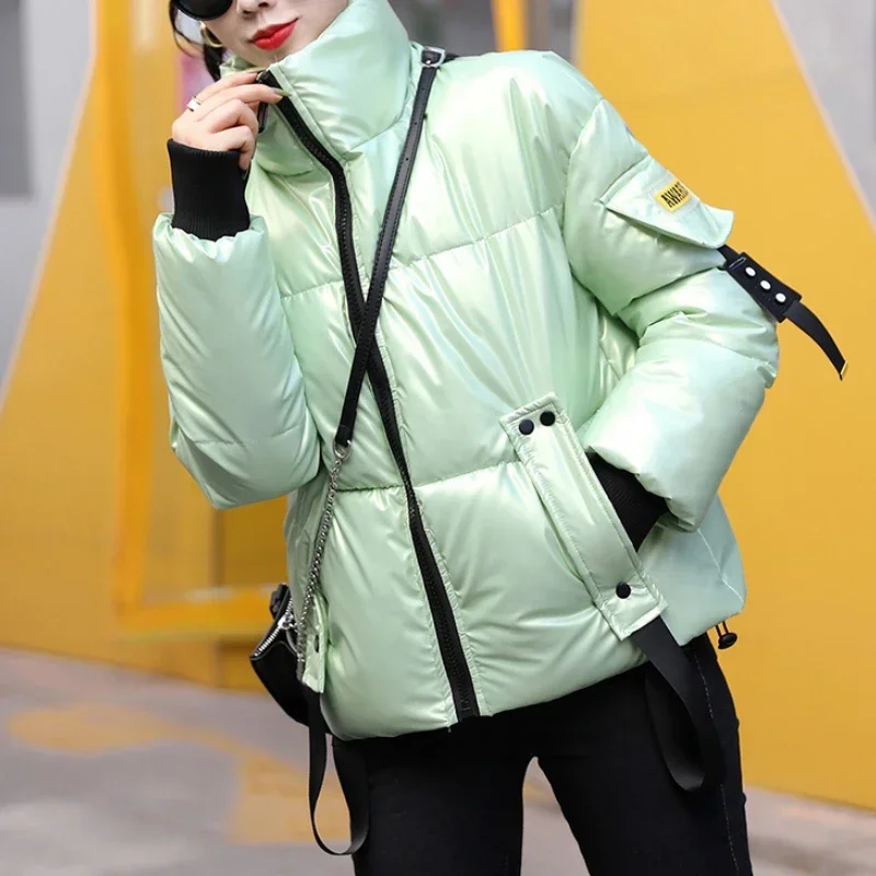 New Warm Jackets Women Autumn Winter Thick Long Sleeve Overcoats Cotton Trend Casual Solid Color Coats Short Bright Face 2024