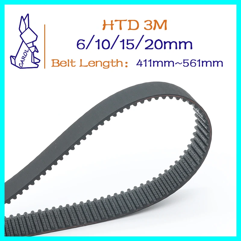 HTD 3M Belt Width 6 10 15 20mm Timing Belt Closed Loop Rubber Belt Length 411mm~561mm 137~187Teeth Pitch 3mm 3M Synchronous Belt