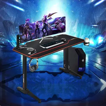 55 Inch Gaming Desk with Free Mouse Pad, T-Shaped Racing Computer Desk, E-Sport Gaming Workstation w/Carbon Fiber Surface(Black) 2