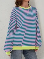 Plus Size 1XL-5XL Women Casual Casual Striped Drop Shoulder Long Sleeve Sweatshirt Women's Round Neck Loose Sweatshirt