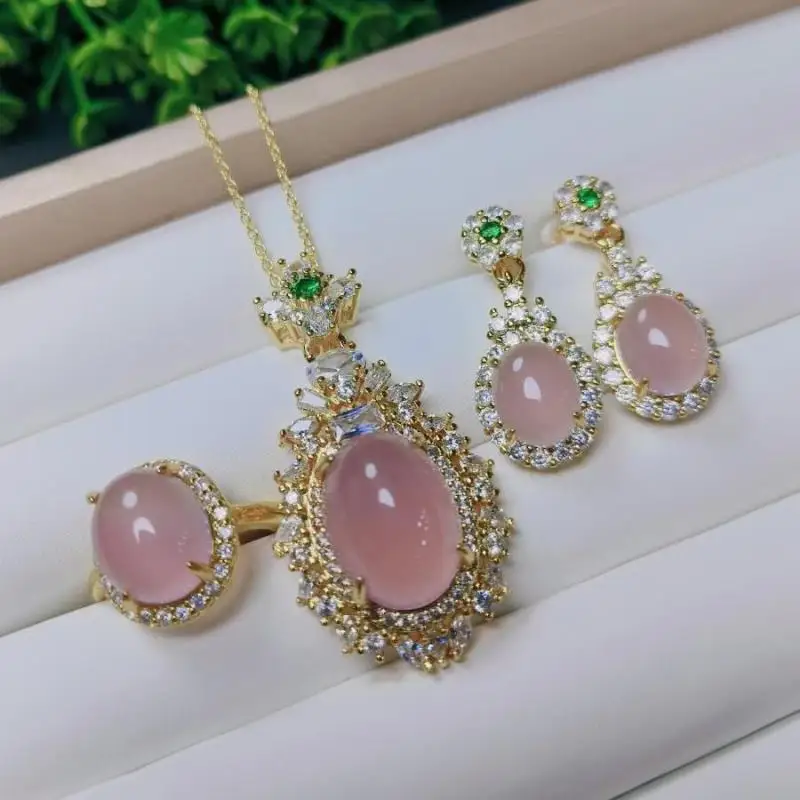 Zircon Rose Gold Polish Baby Pink Color Stone Necklace Set