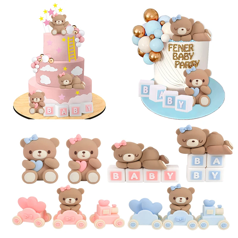 3pcs Pink & Blue Bow Ribbon Smiling Teddy Bear Cake Toppers